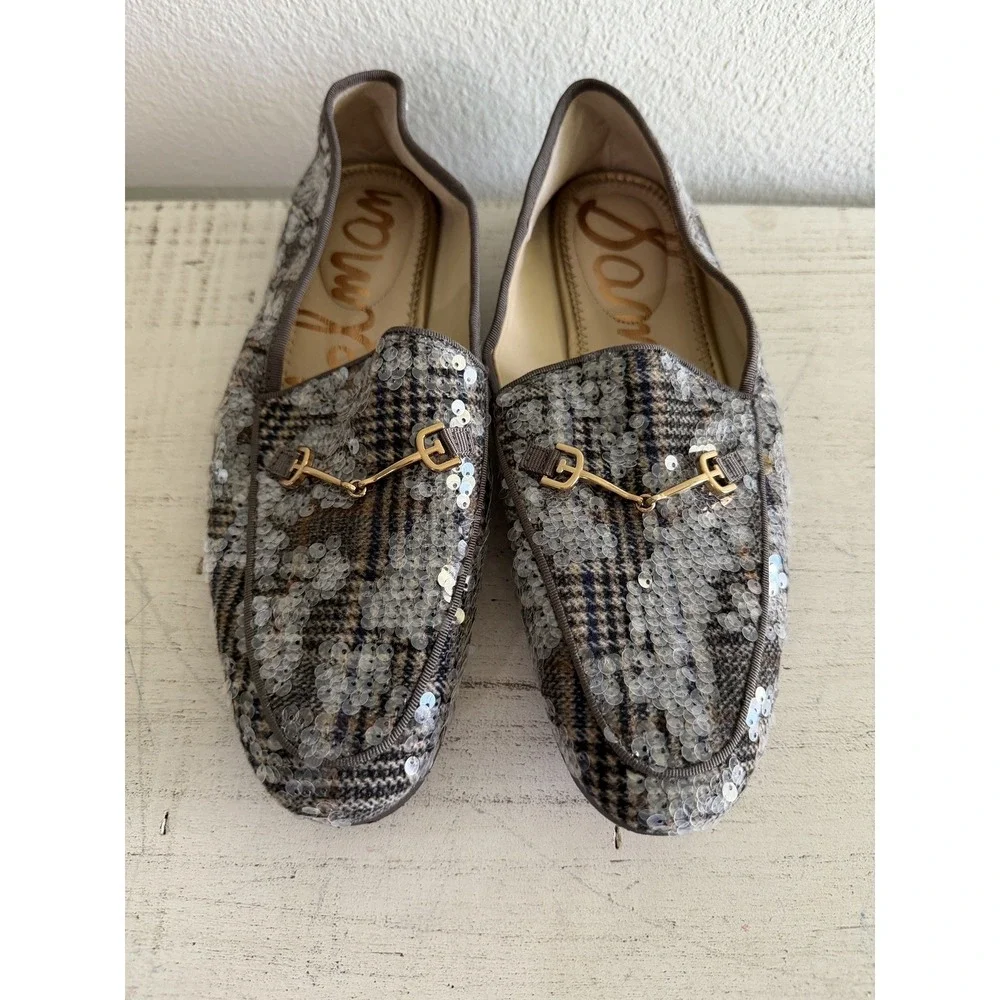 Sam Edelman Loraine Women's Loafers black gray plaid tweed multi sequin sz 9
